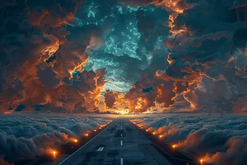 Foto op Plexiglas Craft a surreal image of an airport runway transformed into an otherworldly landscape, with the tarmac replaced by swirling clouds and the runway lights resembling distant stars in the night sky  © Izhar