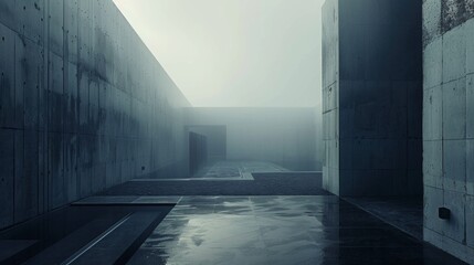 architecture photography, contemporary and minimalistic design, dark colors, natural warm light, fog