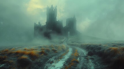 Illustrate the eerie tranquility of the misty moors from Wuthering Heights in a digital glitch art piece, blending the wild nature with subtle hints of the storys dark romance - obrazy, fototapety, plakaty