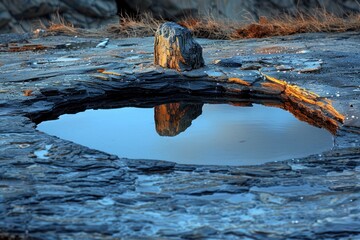A serene puddle reflects the sky on textured rocks