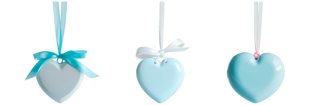 Set of simple pink flat ceramic heart ornament hanging on ribbon, Christmas decor, isolated on transparent background