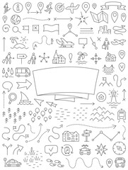 Yearbook travelers notes cover. Map set doodle background. Copy space. Vector editable outline stroke. - 783206569
