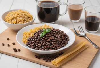 a High borosilicate glass, coffee beans, pasta, on a wooden table