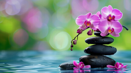 zen stones in the garden wellness spa spiritual blooming flower background