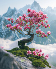 A stunning magnolia bonsai, adorned with pink blooms, perched atop a majestic mountain.