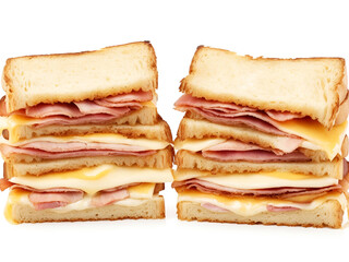 Dos sándwiches tostados apilados con queso y jamón sobre fondo blanco. Vista de frente y de cerca. Ai Generativa - obrazy, fototapety, plakaty