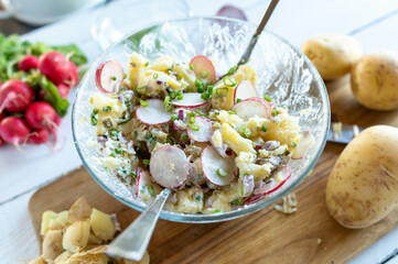 Fresh mixed and prepared potato salad with red radish, chives, pickles 