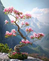 A stunning magnolia bonsai, adorned with pink blooms, rests atop a mountain, creating a surreal.
