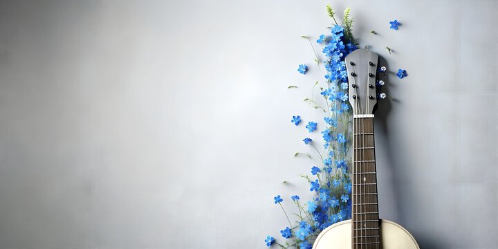 The guitar has been generate  Beige background, abstraction, instruments, guitar, violin, hobby, background, minimalism, style, image, flowers, musical instrument, july background, blue, blue flowers,