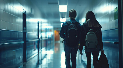 copy space, stockphoto, Hallway of a highschool with male and female students walking. Lights are on. View from the back. Educational theme. Young people walking in school.