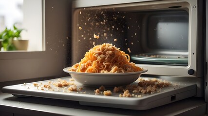Opening a microwave oven causes food to shoot out of it.