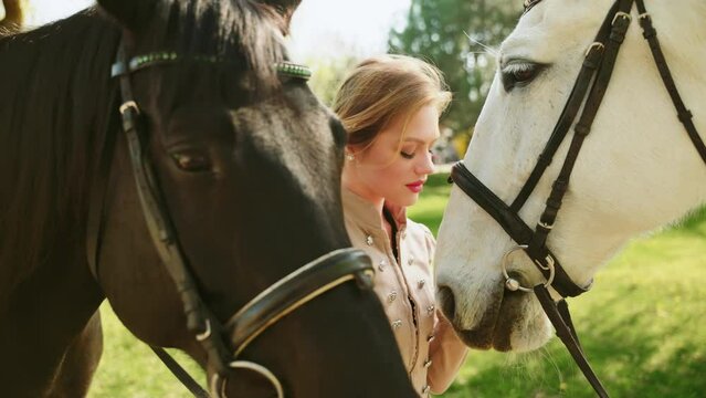 fashion model posing Beauty happy fantasy woman queen with horse sexy lady smiling face two horses black dark brown and white animal muzzle. love care pet. Girl vintage dress old money style art 4k
