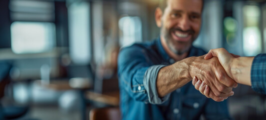 Fototapeta premium Smiling businessman engaging in a firm handshake at an office