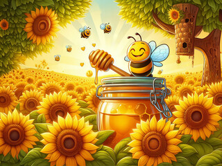 Whimsical bee with honey in field of flowers