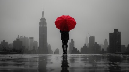 a person walking with a red umbrella on a street