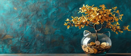 Exuberant piggy bank, gold coins forming a tree, a real plant growing, on a deep marine blue