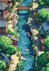 carthography map asset heroic fantasy rpg river village - by generative ai - obrazy, fototapety, plakaty