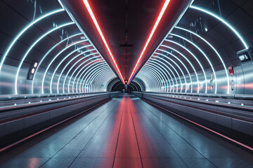 Generate a futuristic image of an underpass lined with sleek metallic surfaces and illuminated by...