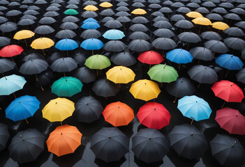 rainbow umbrella with many black umbrellas around in editorial photography