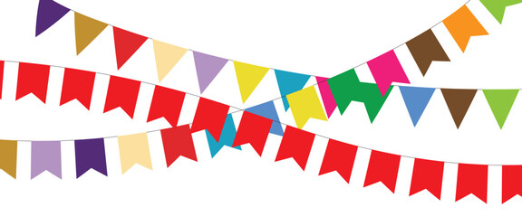 Obraz premium Triangular flag in a colorful celebration. colorful party 2D triangle flag on transparent background. Illustration material: colorful triangle flag · Decorative colorful pennants for birthday party.