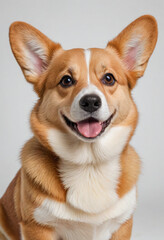 happy corgi dog sitting with a butterfly on his nose on a white background