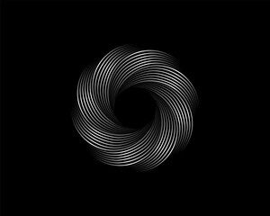 Metallic Abstract Flower Vortex, vector geometric circles logo design isolated on black background. Technology round in wave elements