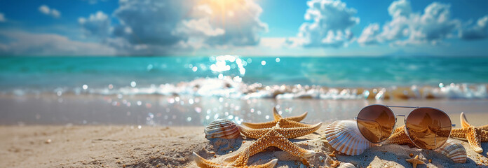 Tropical beach with sea star on sand, summer holiday background. Travel and beach vacation, free space for text. Summer concept sunglasses,hat and shells sunlight shining