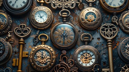 Fototapeta na wymiar banner background National Cherish An Antique Day theme, and wide copy space, Abstract collage of vintage pocket watches and keys overlapping each other, symbolizing time and history,