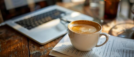 Exclusive financial newsletter on laptop screen, coffee beside, personal touch, early hours