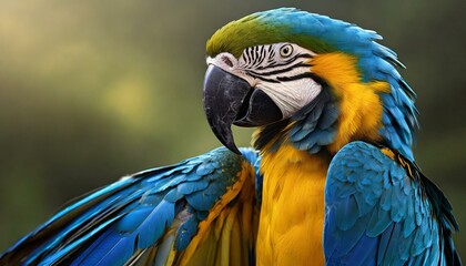 macaw parrot deep blue and vibrant gold feathers wings back and tail feathers are predominantly 