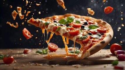 Using a slice of pizza as the primary subject, create a flying food shot with dynamic food splashes using