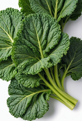 Fresh kale on isolated white background , juicy and fresh, top view, Flat lay, no shadows