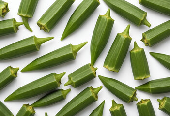 Fresh okra on isolated white background , juicy and fresh, top view, Flat lay, no shadows