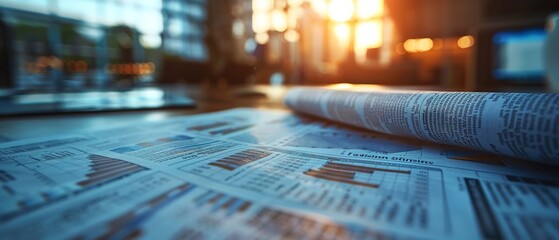 Close-up on financial newspaper headlines, crisp text, morning light, news update