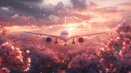 A passenger plane is flying above a pink cherry blossom filled with falling petals, all set against a pink and purple sky. - obrazy, fototapety, plakaty