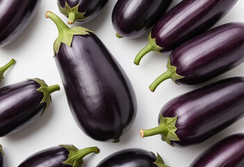 Fresh eggplant on isolated white background , juicy and fresh, top view, Flat lay, no shadows