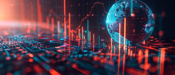 Fototapeta premium Virtual globe with abstract financial transaction lines, symbolizing the global economy