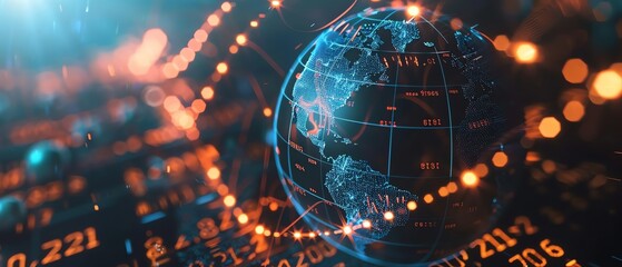 Virtual globe with abstract financial transaction lines, symbolizing the global economy