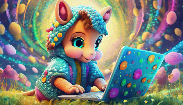 OIL PAINTING STYLE Multicolored Close up of baby a horse cartoon character hacker