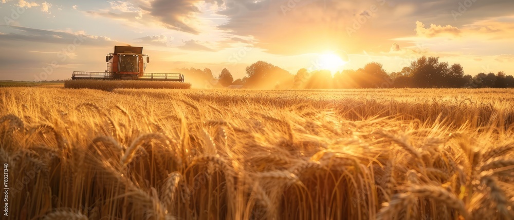 Poster view from the air of a combine harvester harvesting wheat. the wheat field is beautiful at sunset. t