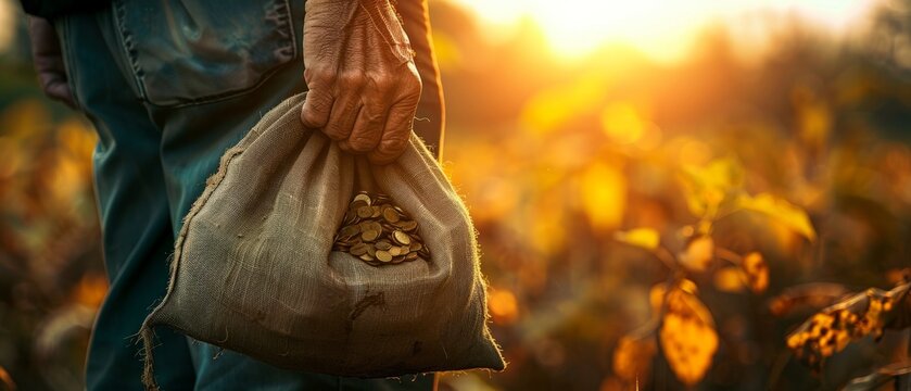 An image of a farmer holding a money bag is shown against a background of plantations. The image shows lending and subsidizing farmers, grants and support, profits from agribusiness, land value, and