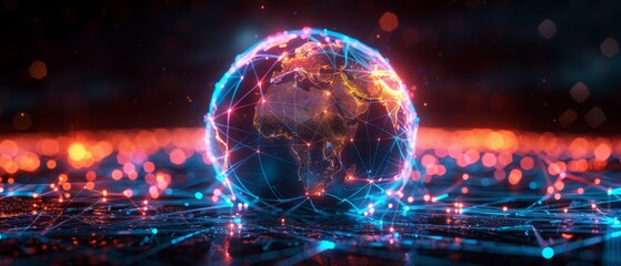 Cyber space globe illuminated with neon networks, symbolizing global connectivity in the Metaverse.