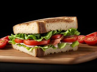 Un sándwich con jamón, queso, tocino, tomate, lechuga sobre una tabla de madera y un fondo negro. Vista de frente y de cerca. Ai Generativa - 783211930