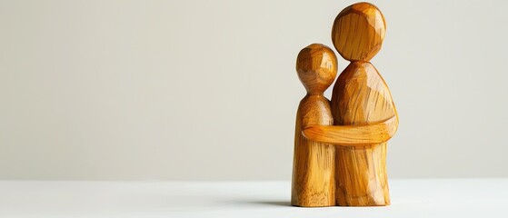 Wooden mother figure hugging wooden child figure, white background, studio lighting, copy space