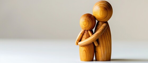 Wooden mother figure hugging wooden child figure, white background, studio lighting, copy space