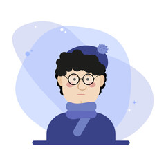 Man with laptop. Artist. Professor. Man. Glasses. Images. Design. Vector. illustration. Business. People. Cartoon. Charakter. Boss. Art. Hat . Scarf. Job. Work.