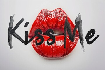 Ein roter Kussmund auf weißem Untergrund und die Worte Kiss Me in schwarzer Schrift  - obrazy, fototapety, plakaty