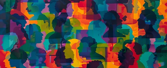 A vibrant, colorful pattern of squares and shapes representing people's faces in different shades Generative AI