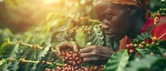 A coffee plantation worker gathers beans on a bushy plantation - obrazy, fototapety, plakaty