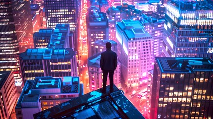Man standing atop a skyscraper, overlooking neon-lit cityscape at night. Urban exploration, high above the bustling city life. Surreal atmosphere. Perfect for modern projects. AI